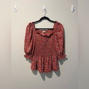 Max Studio Red Smocked Puff Sleeve Blouse